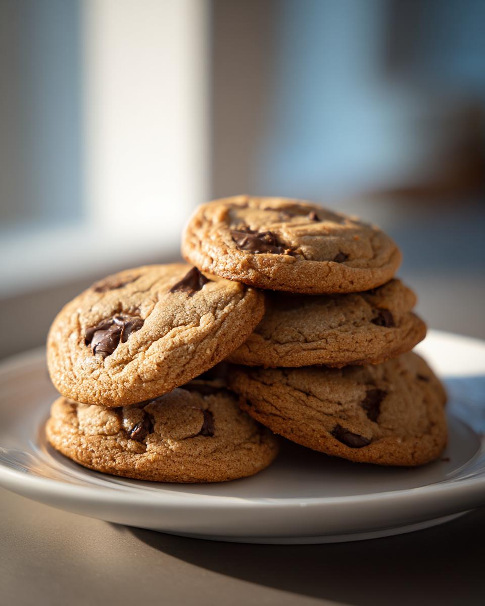 A stack of freshly baked brown butter chocolate chip cookies on a white plate, ready to be enjoyed.