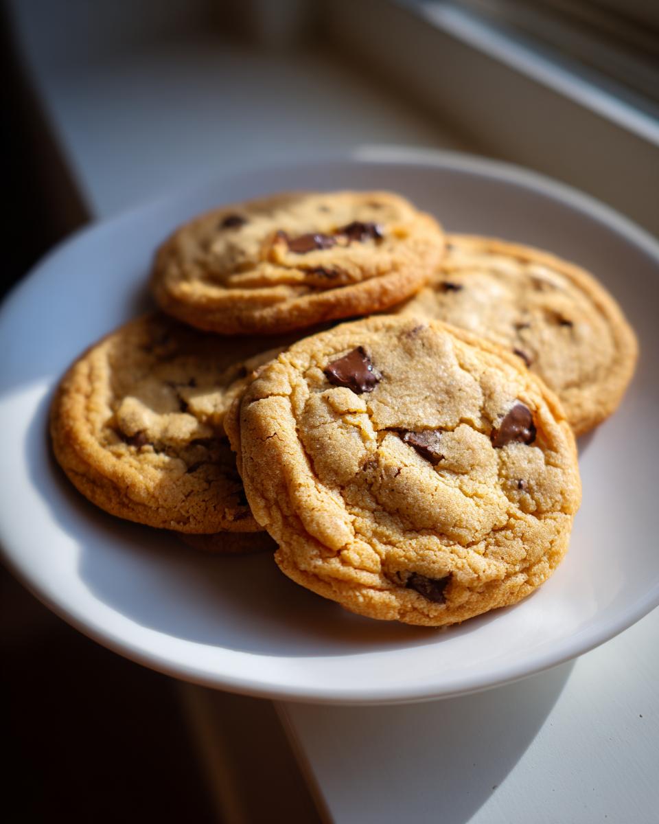 A stack of warm, bakery-fresh brown butter chocolate chip cookies on a white plate.