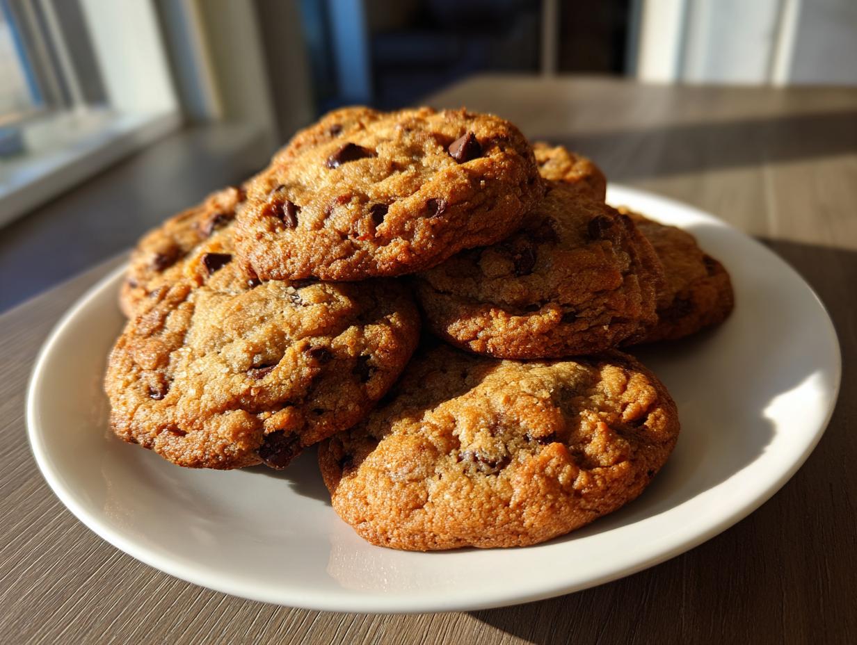 A stack of freshly baked brown butter cookies with chocolate chips on a white plate.