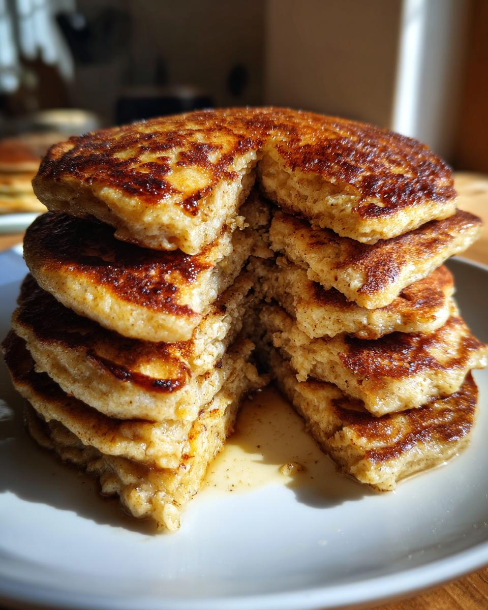 A tall stack of fluffy banana oat pancakes on a white plate, with a slice removed to show the texture.