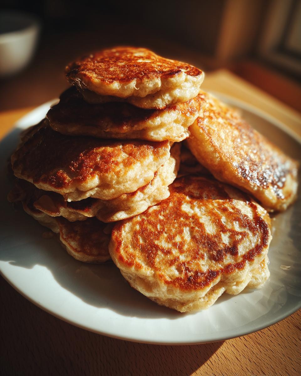 Stack of golden-brown banana oat pancakes on a white plate, ready for breakfast.