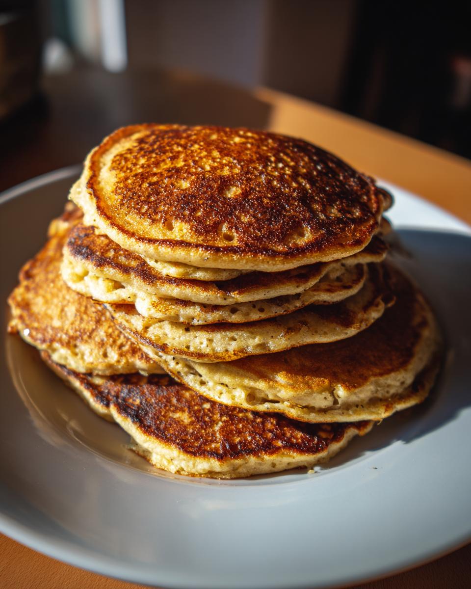 A stack of golden-brown banana oat pancakes on a white plate, ready for breakfast.
