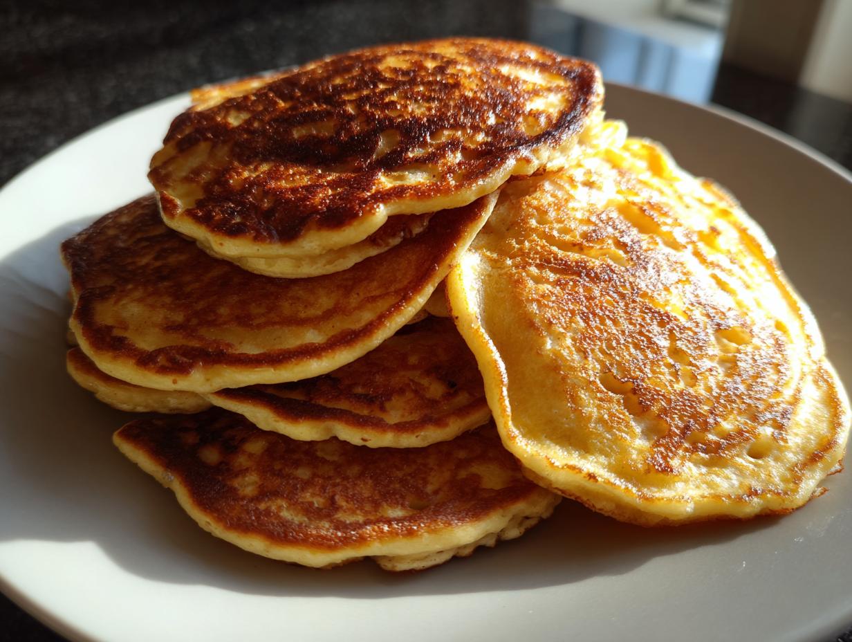 A stack of golden-brown banana oat pancakes on a white plate, ready for breakfast.