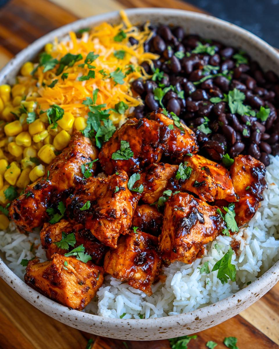 A close-up of a BBQ Chicken Bowl with rice, black beans, corn, shredded cheese, and garnished with cilantro.
