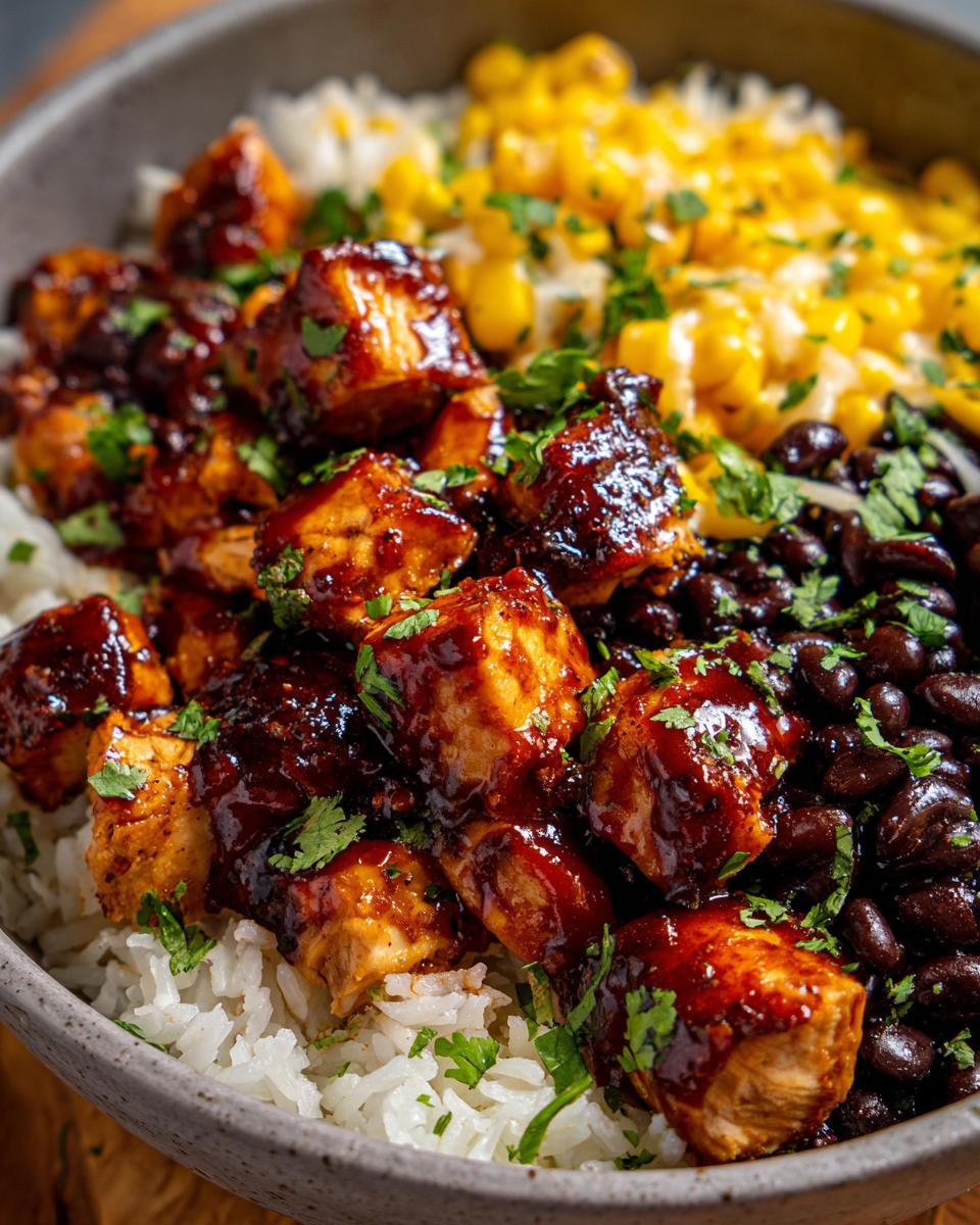 Close-up of a bowl filled with rice, black beans, corn, and glazed BBQ chicken pieces, garnished with cilantro. Easy Dinner Recipes.