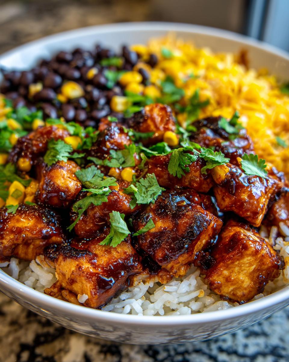 Close-up of a BBQ Chicken Bowl with rice, black beans, corn, and fresh cilantro.