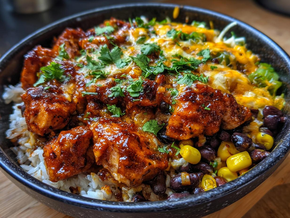 A close-up of a BBQ chicken bowl with rice, black beans, corn, melted cheese, and fresh cilantro.