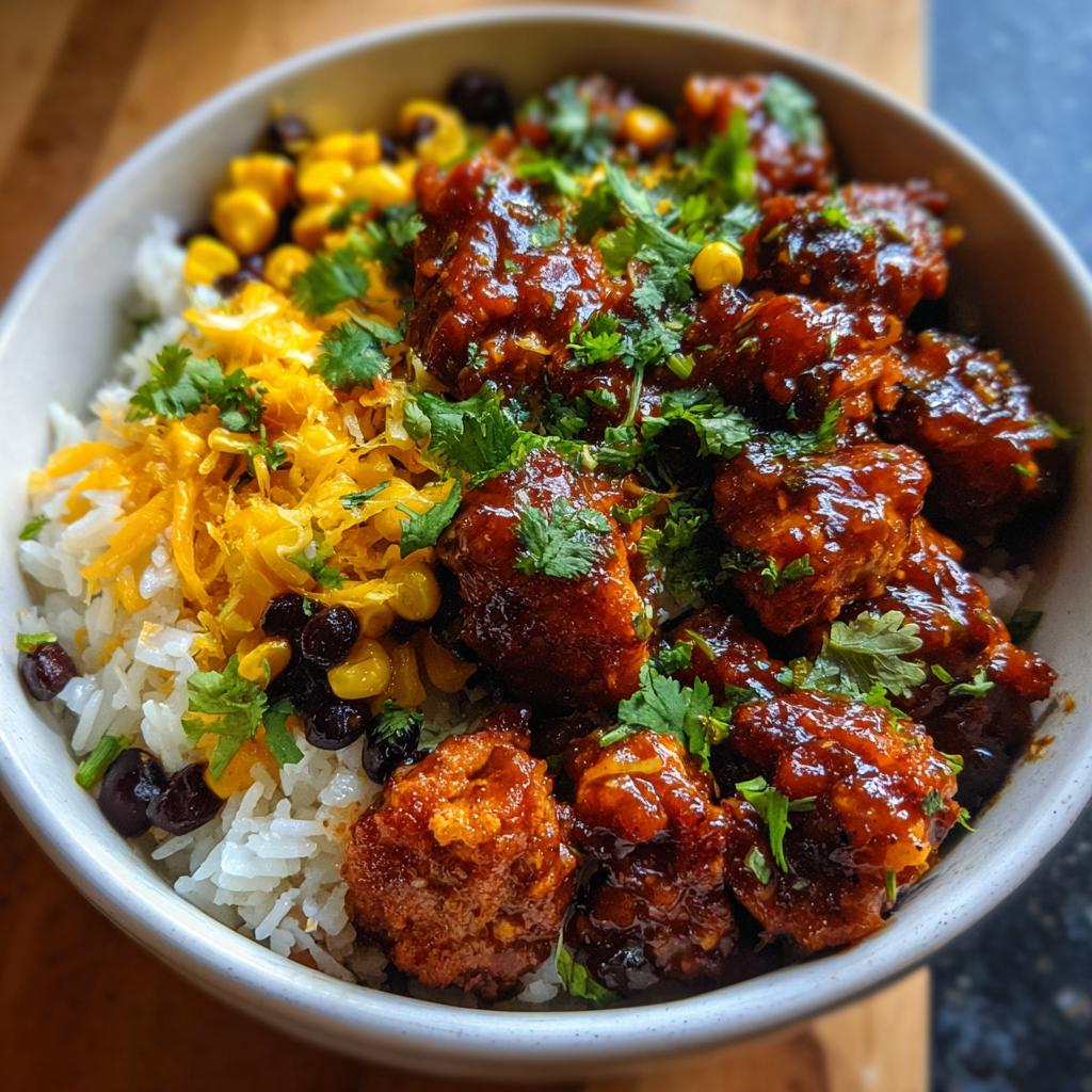 A close-up of a BBQ Chicken Bowl with rice, black beans, corn, shredded cheese, and cilantro.