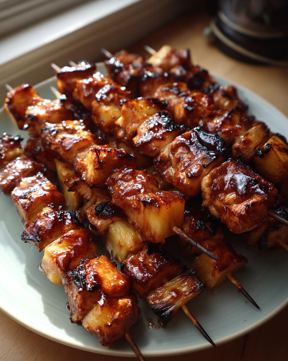 Close-up of BBQ Pineapple Chicken skewers, glazed and grilled to perfection, ready for summer nights.
