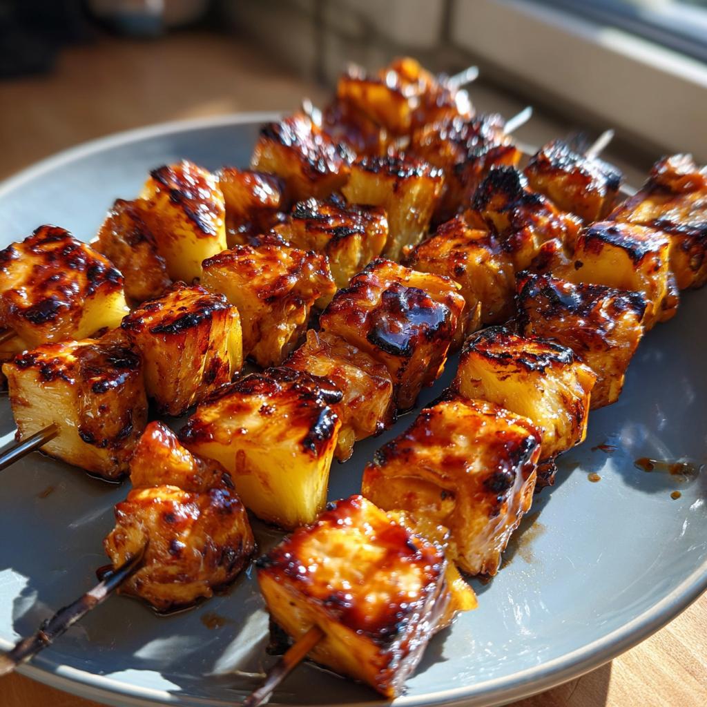 Close-up of grilled pineapple chicken skewers glazed with BBQ sauce, perfect for summer grilling recipes.