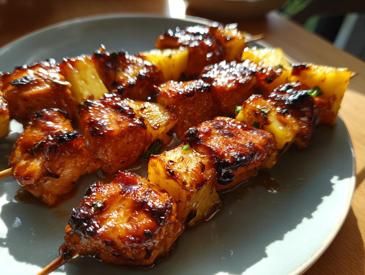 Close-up of grilled BBQ pineapple chicken skewers on a plate, showcasing caramelized chicken and pineapple chunks.