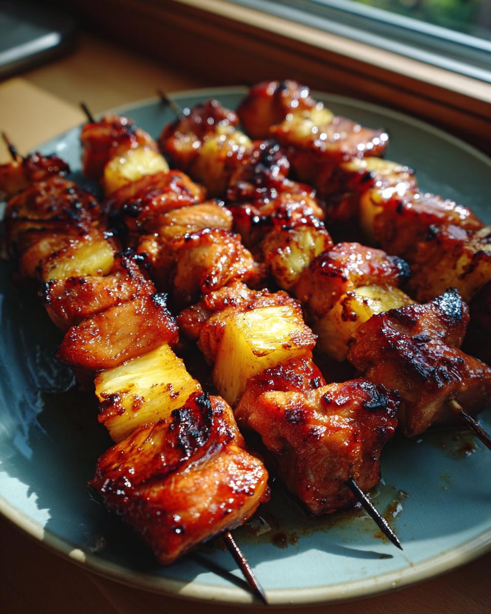 Close-up of BBQ pineapple chicken skewers, glazed and grilled to perfection, ready for summer nights.