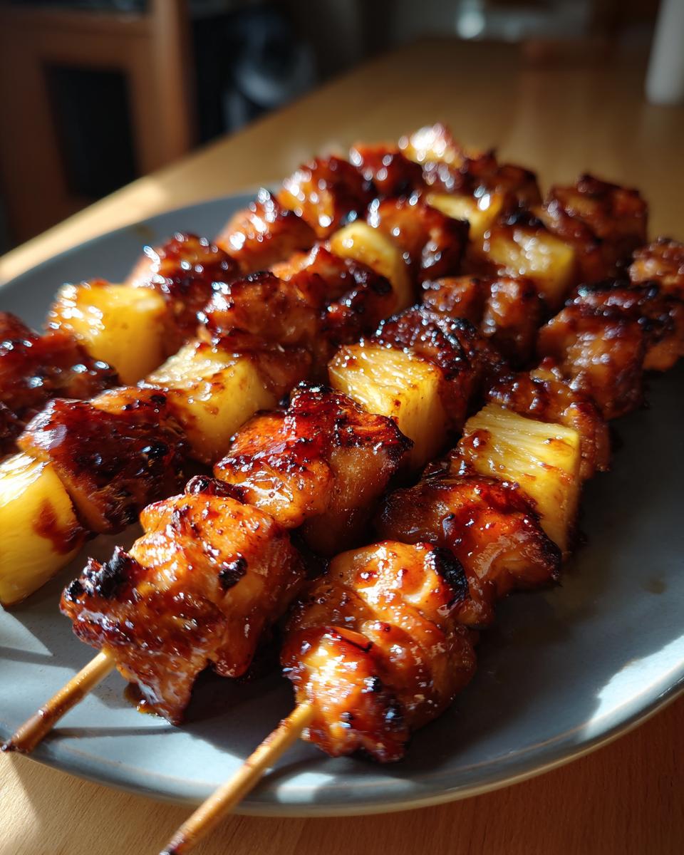 Close-up of grilled BBQ Pineapple Chicken skewers on a plate, glistening with sauce.