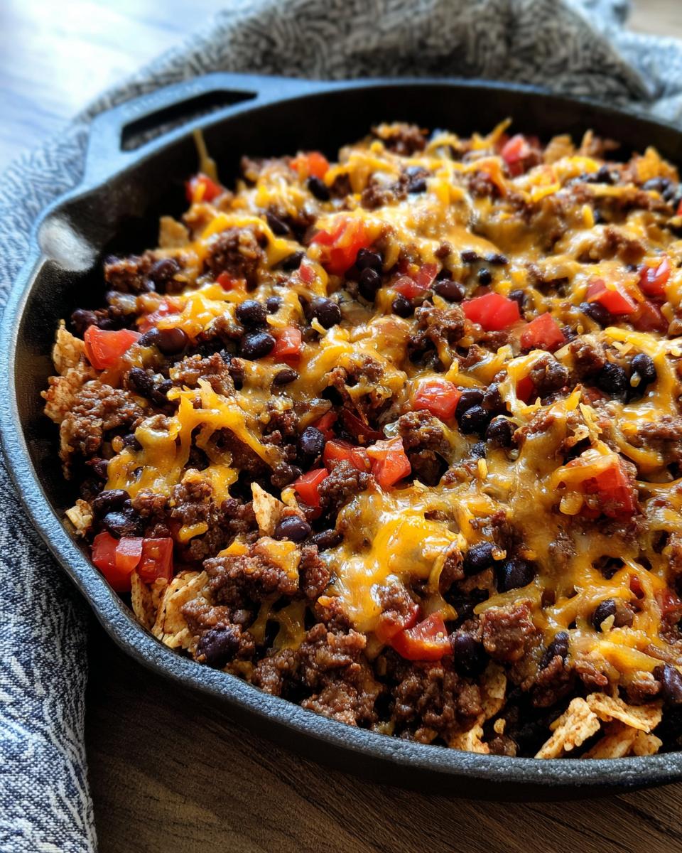 A close-up of a cast iron skillet filled with a cheesy beef taco skillet, featuring ground beef, black beans, tomatoes, and melted cheddar cheese.