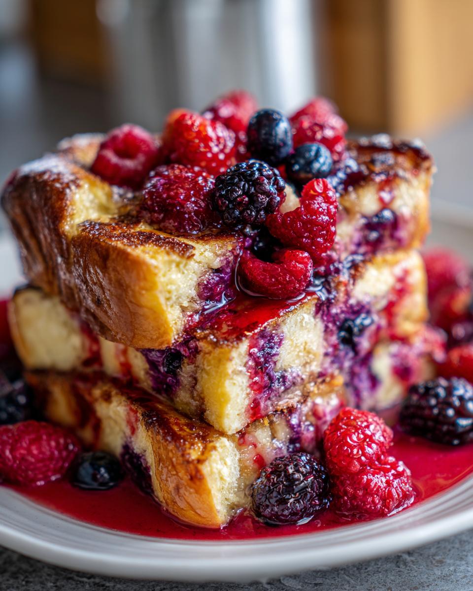 A stack of golden-brown Berry French Toast Bake slices topped with fresh raspberries, blueberries, and blackberries, drizzled with syrup.