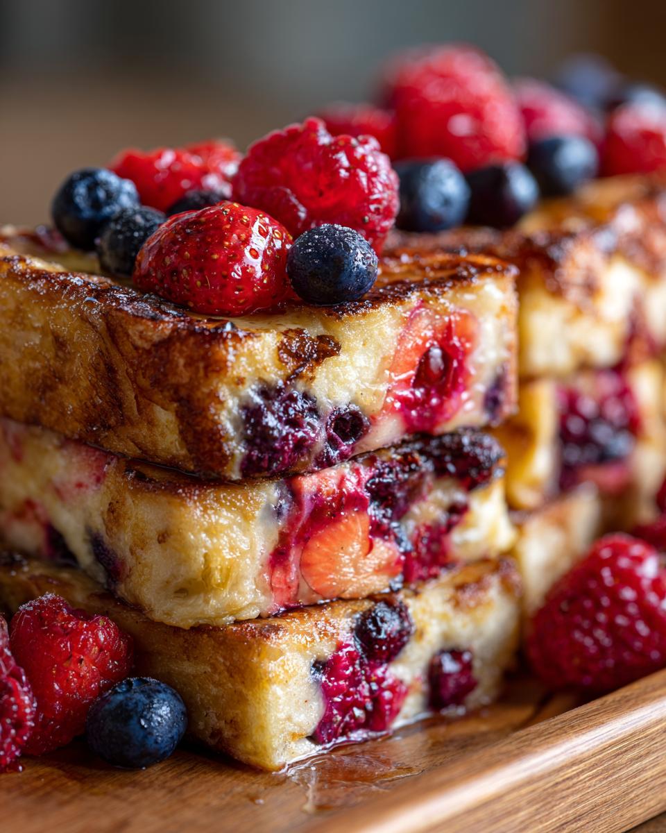A stack of Berry French Toast Bake slices topped with fresh strawberries, blueberries, and raspberries.