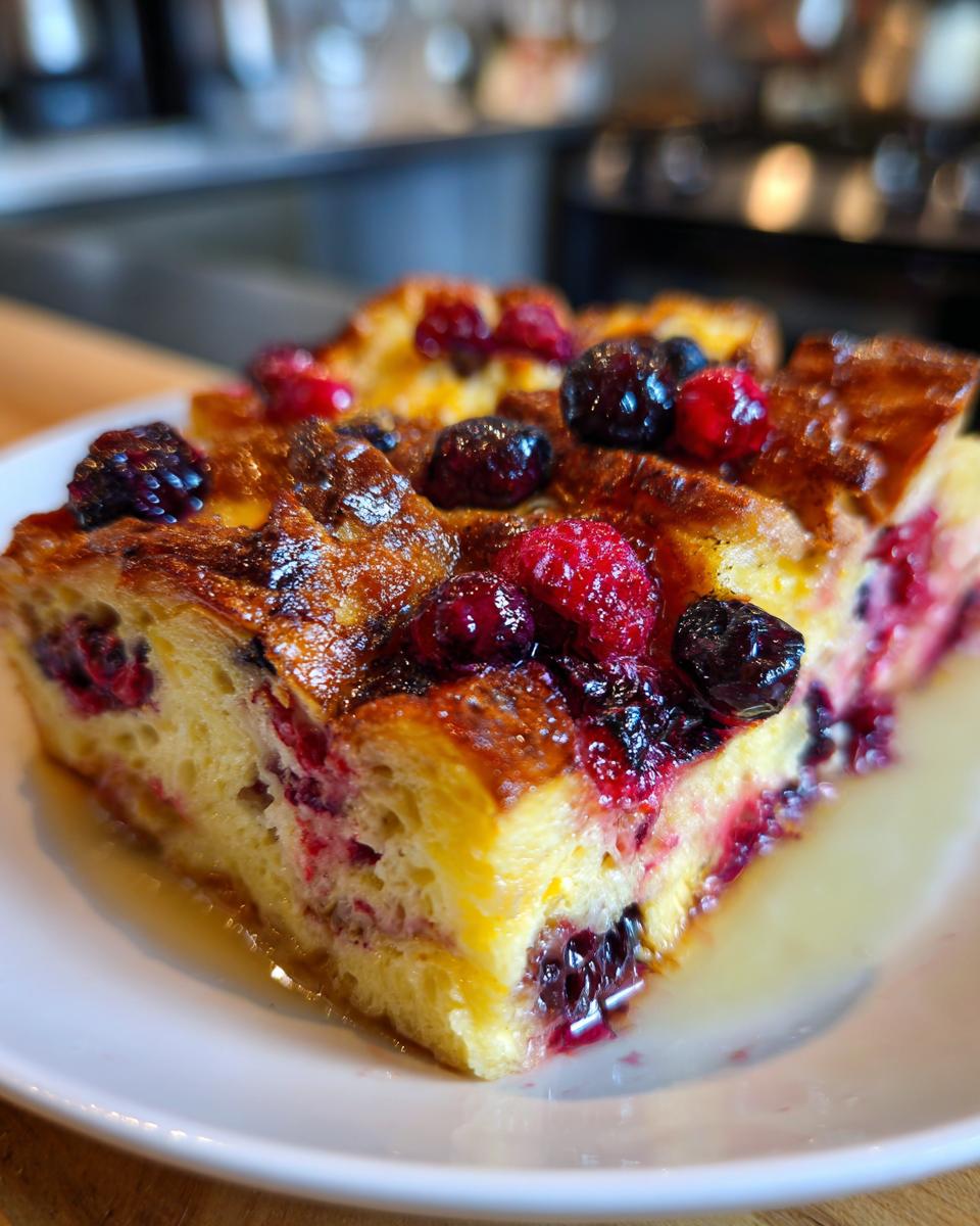 Close-up of a slice of Berry French Toast Bake, topped with fresh berries and syrup, perfect for weekend brunch.
