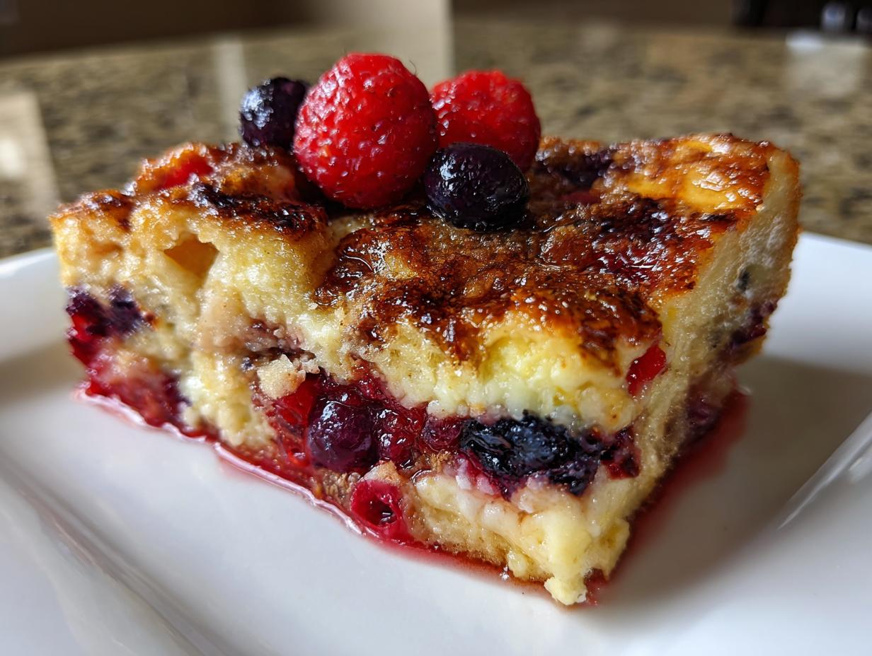 A delicious slice of Berry French Toast Bake, topped with fresh raspberries and blueberries, perfect for weekend brunch.
