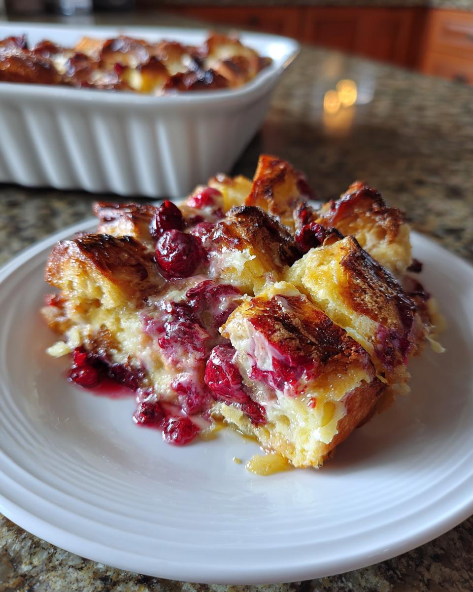 A slice of warm Berry French Toast Bake on a white plate, featuring golden-brown bread and red berries.