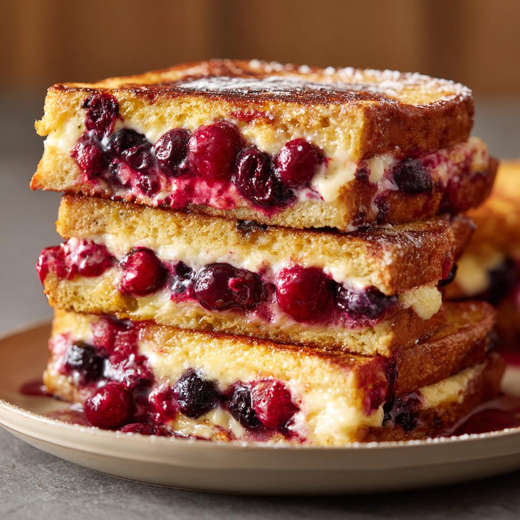 A stack of three Berry French Toast Bake sandwiches, filled with cream cheese and mixed berries, dusted with powdered sugar.