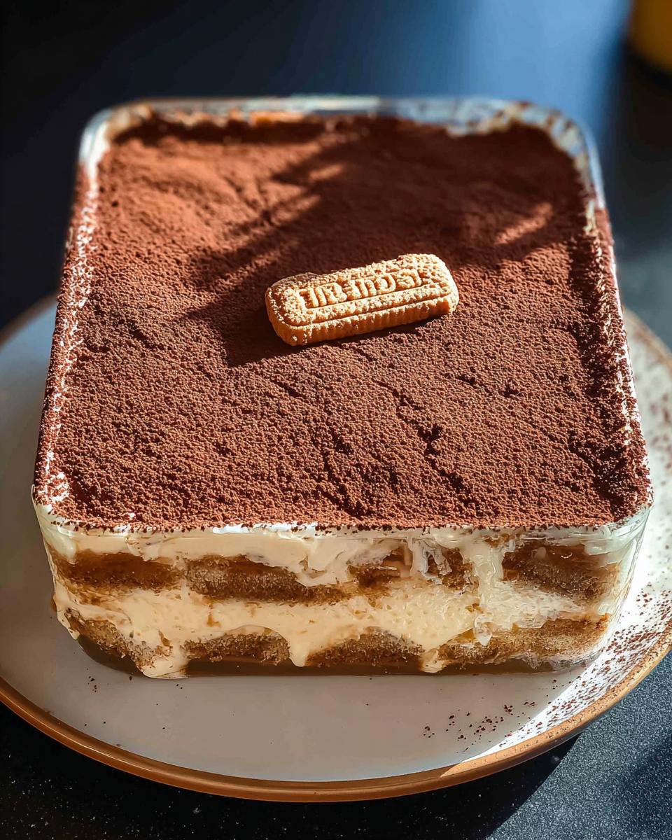 A rectangular Biscoff Tiramisu dessert in a glass dish, topped with cocoa powder and a single Biscoff cookie.