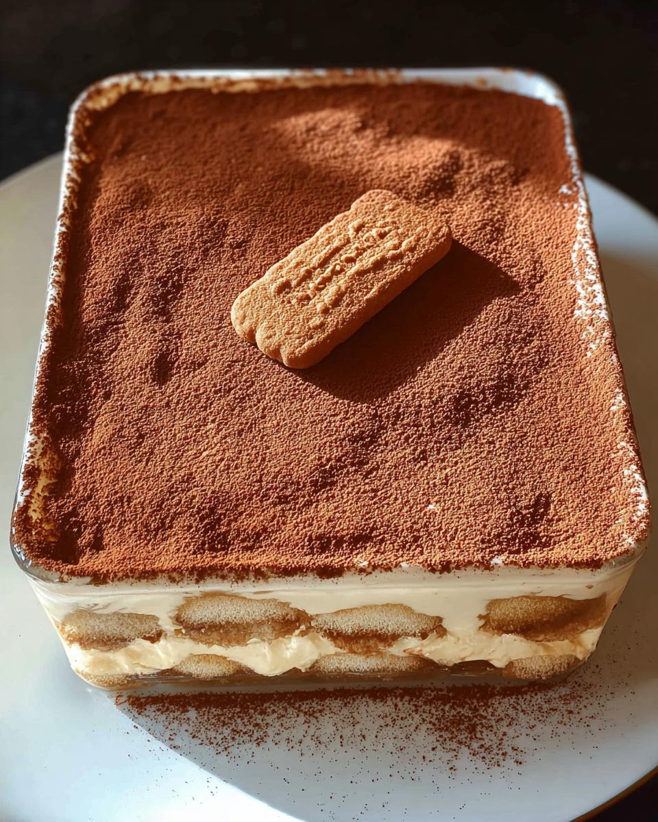 A rectangular Biscoff Tiramisu dessert in a glass dish, topped with cocoa powder and a single Biscoff cookie.