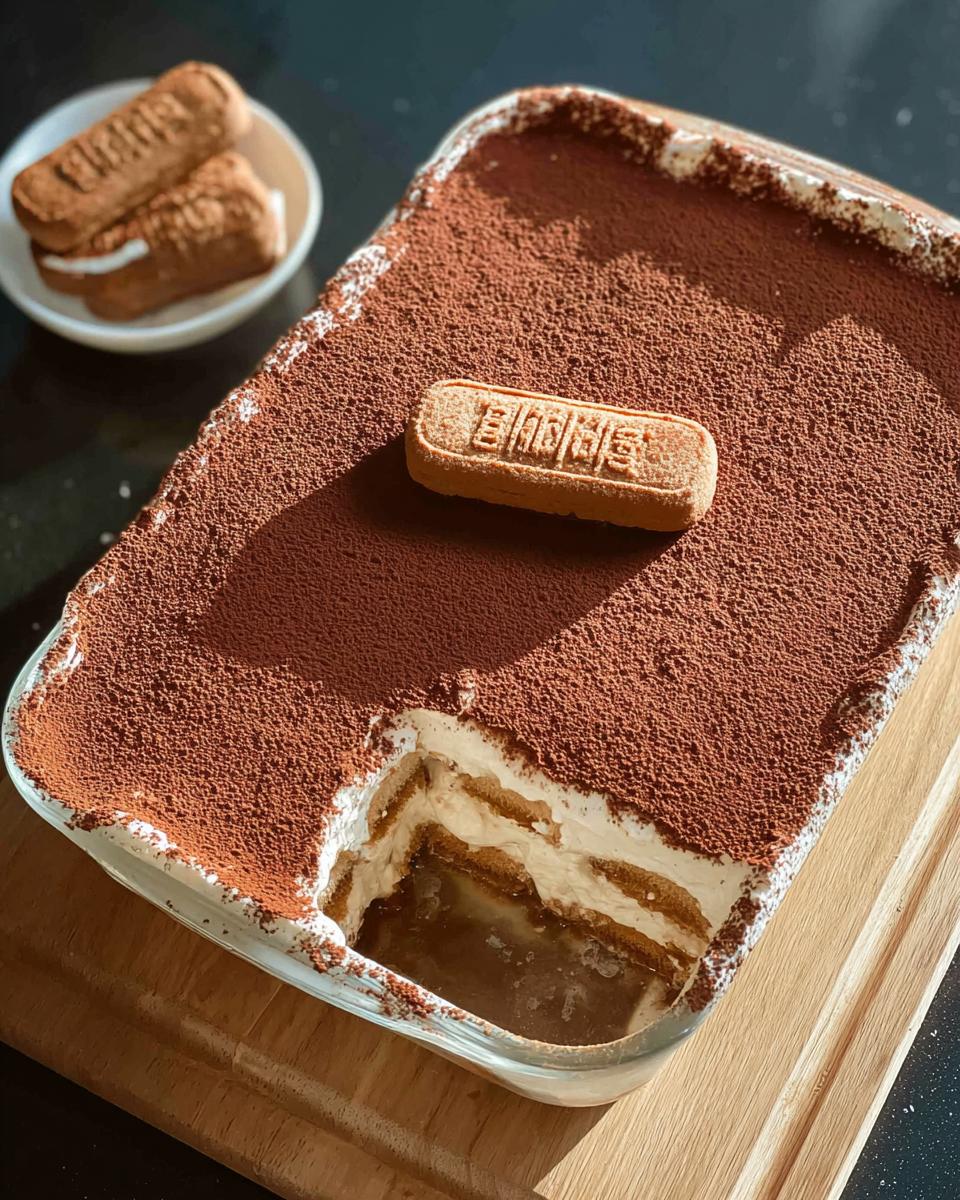 A Biscoff Tiramisu dessert in a glass dish, topped with cocoa powder and a Biscoff cookie.