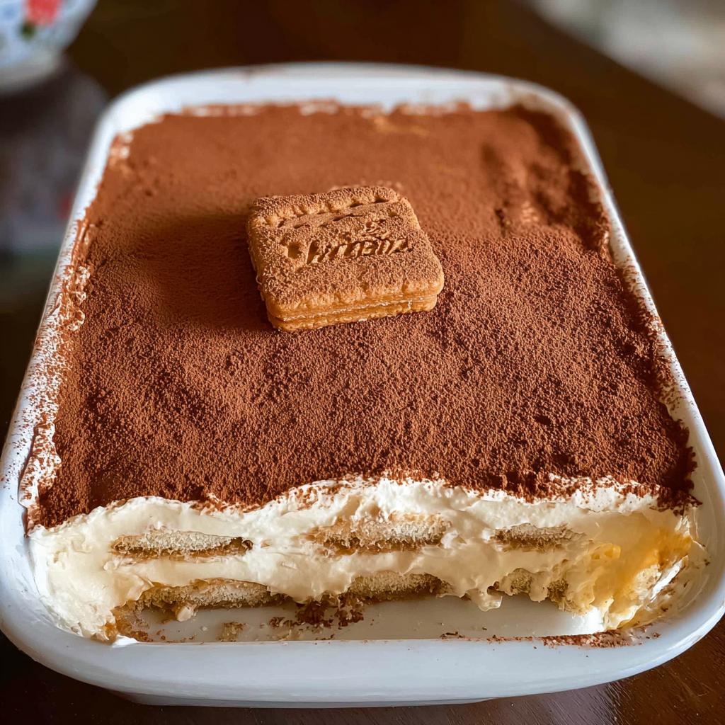 A Biscoff Tiramisu dessert in a white dish, topped with cocoa powder and a single Biscoff cookie.