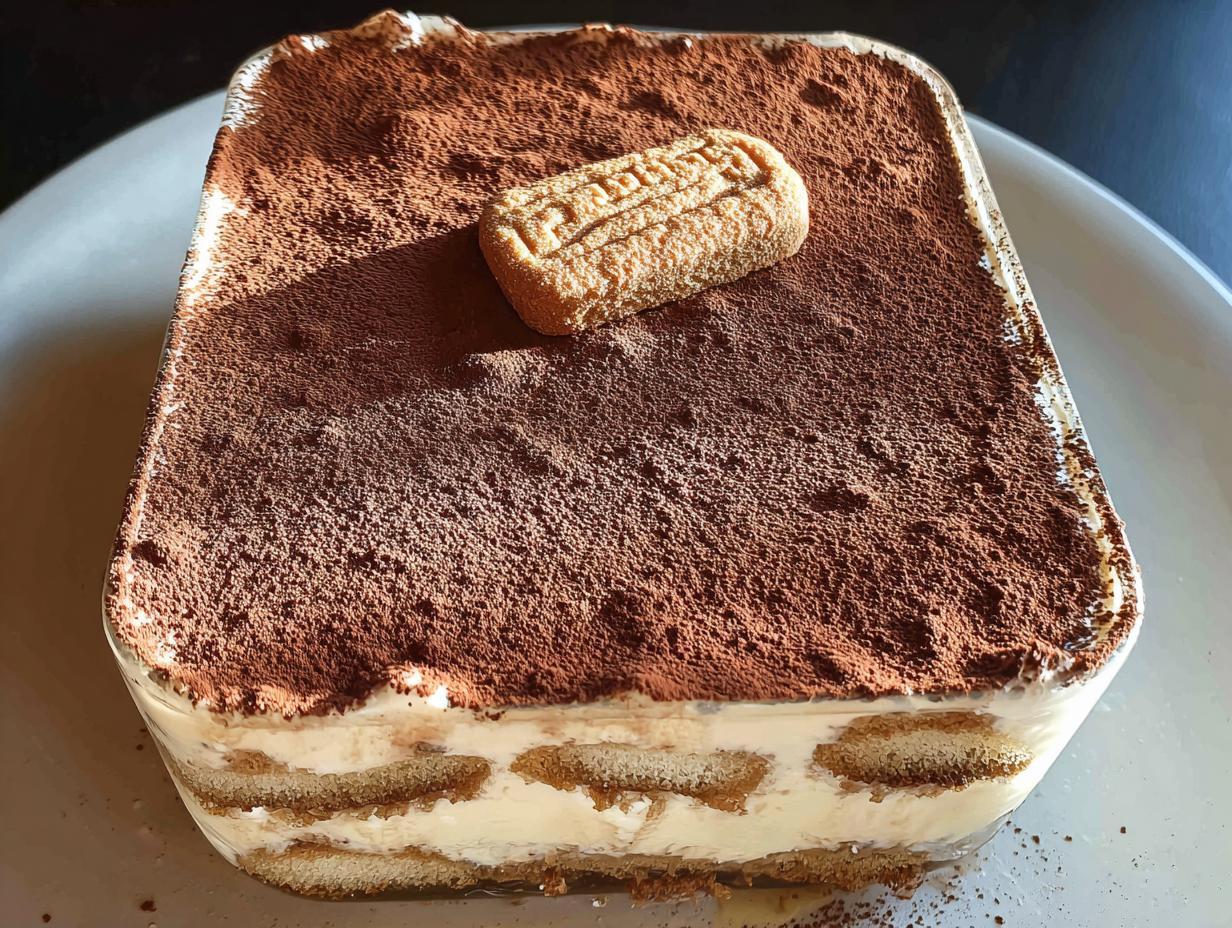 A square Biscoff Tiramisu dessert in a glass dish, topped with cocoa powder and a Biscoff cookie.