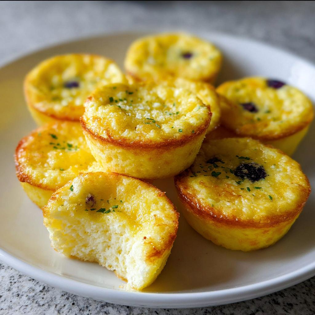 A plate of golden-brown Blueberry and Lemon Zest Cottage Cheese Bites, one with a bite taken out, sprinkled with herbs.