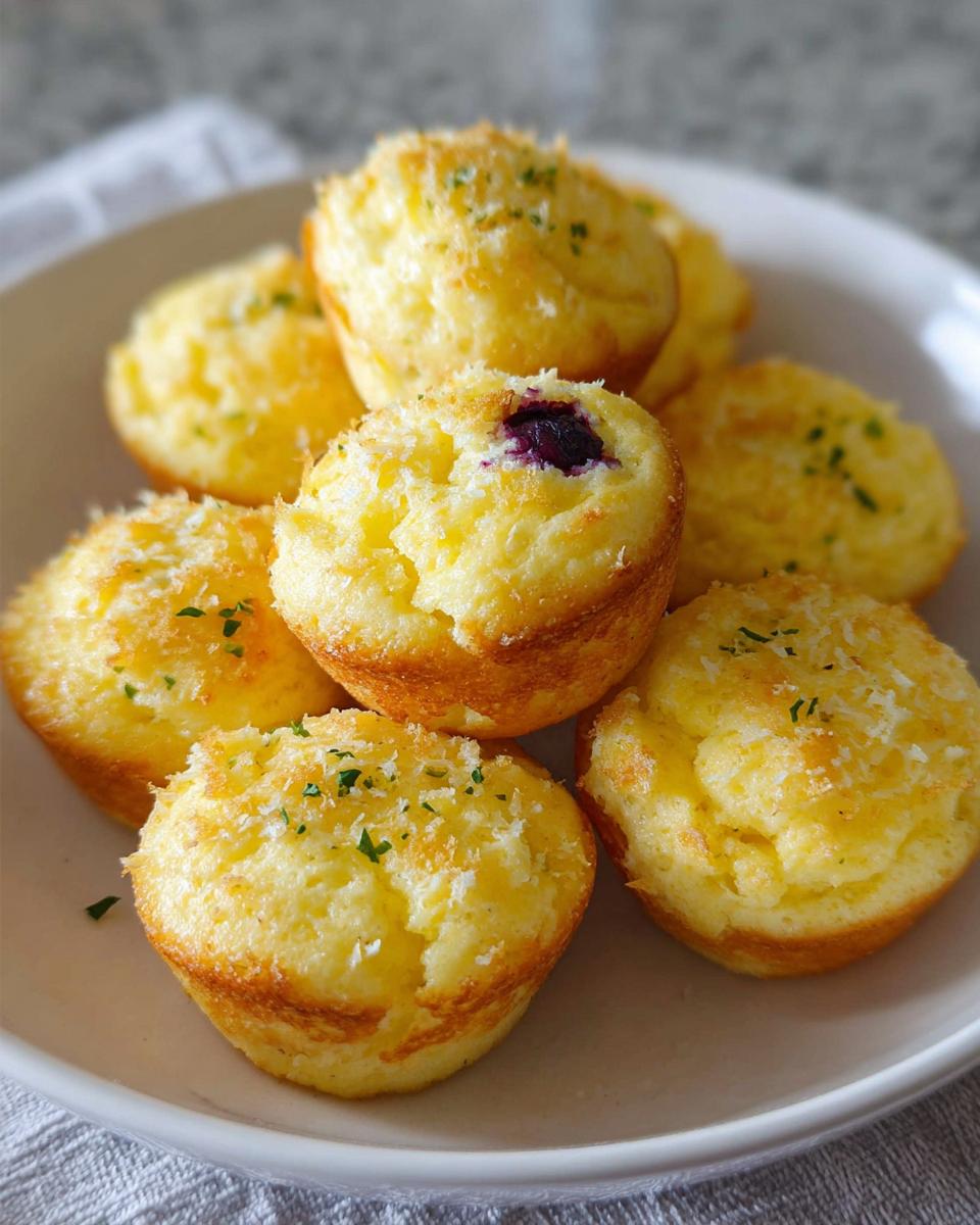 A close-up of golden-brown Blueberry and Lemon Zest Cottage Cheese Bites, sprinkled with herbs and cheese.