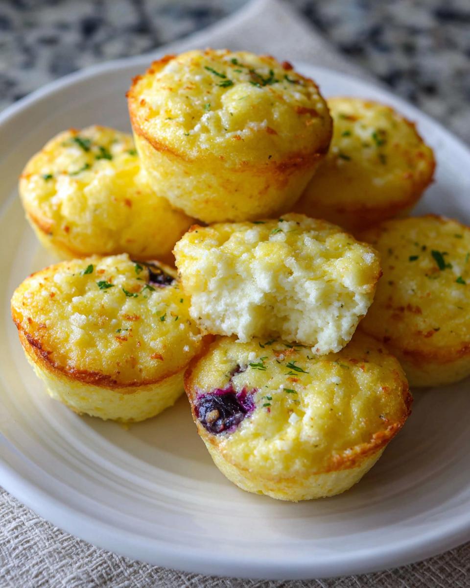 A stack of golden-brown Blueberry and Lemon Zest Cottage Cheese Bites, with one bitten into, revealing a fluffy interior and blueberries.