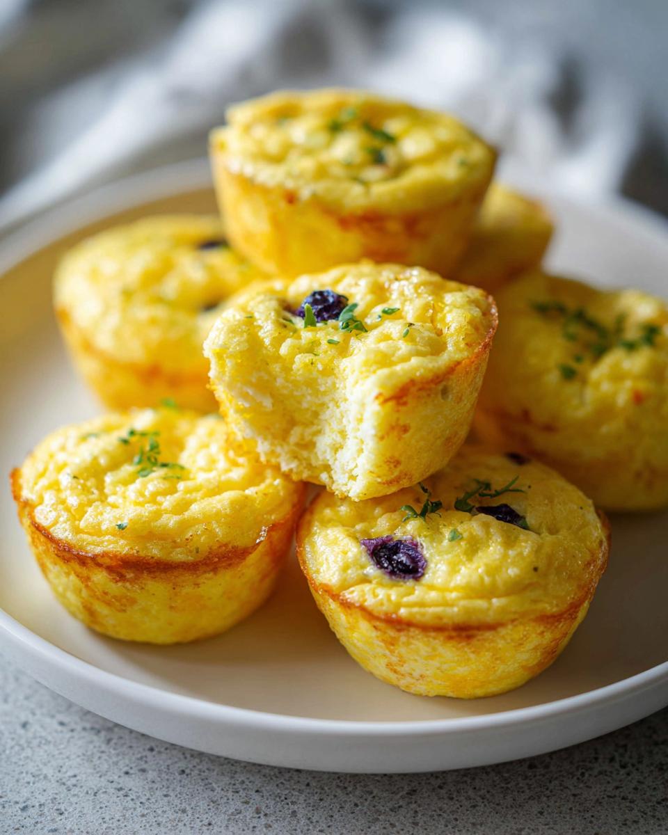 A stack of golden-brown Blueberry and Lemon Zest Cottage Cheese Bites, with one bite taken out of the top one.