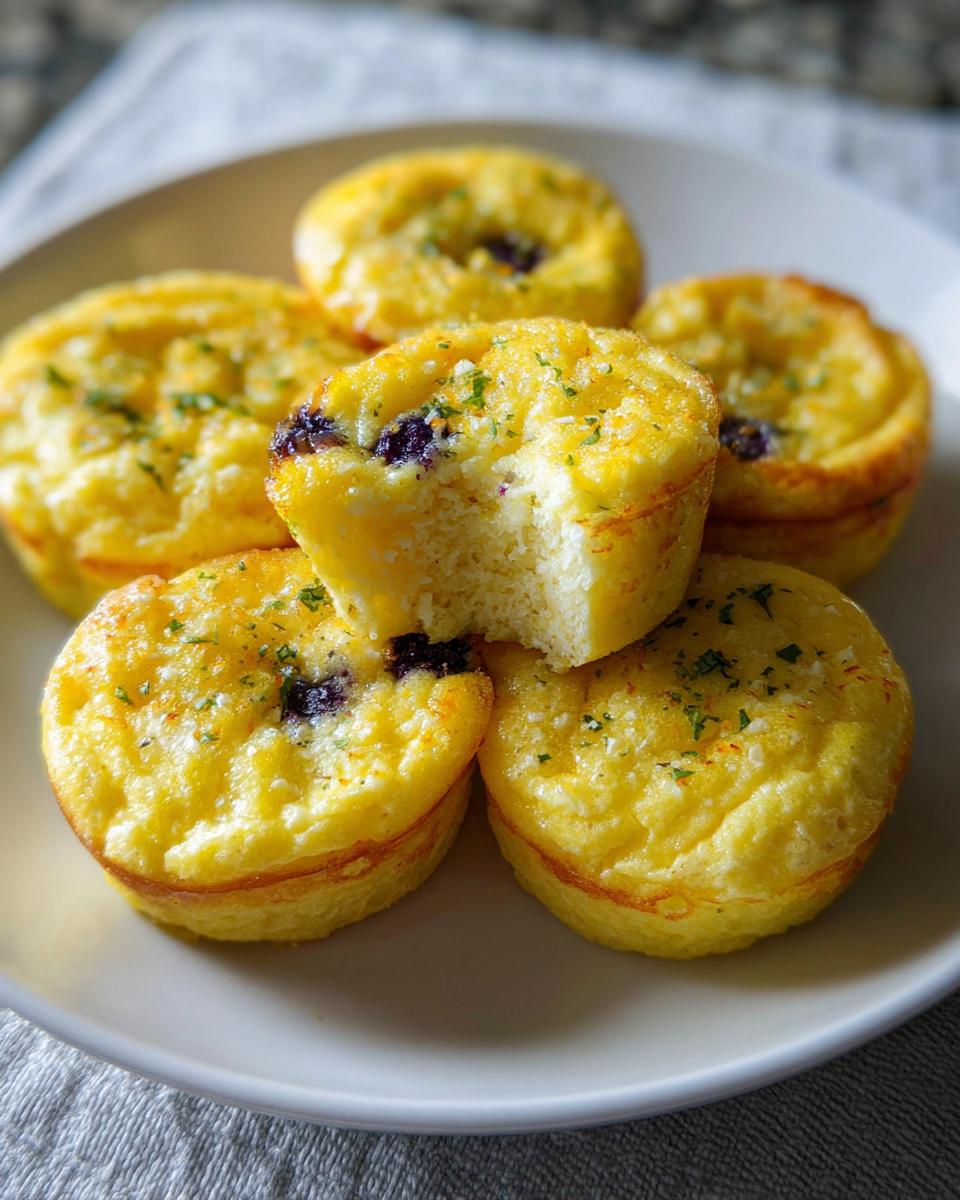 A plate of golden-brown Blueberry and Lemon Zest Cottage Cheese Bites, one with a bite taken out.