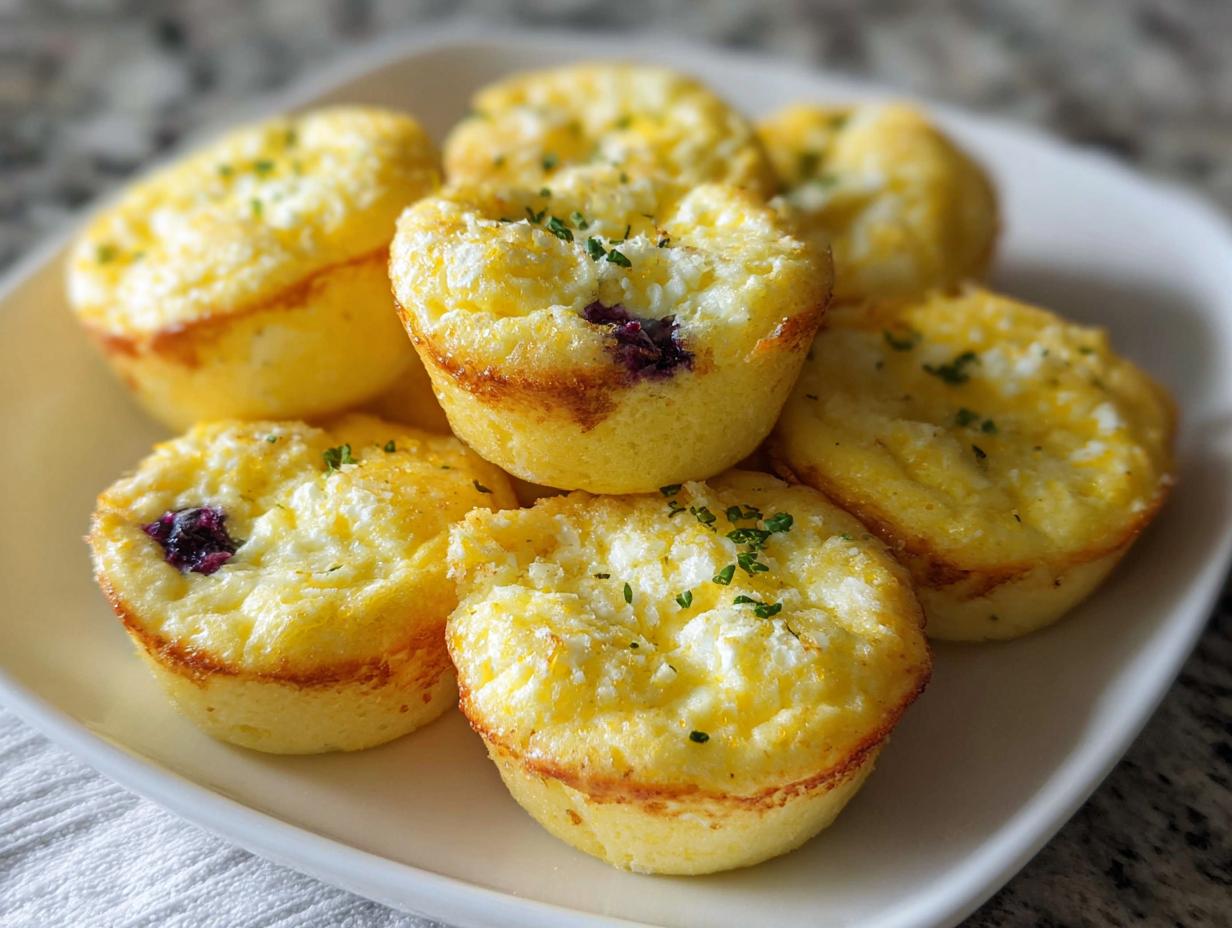A stack of golden-brown Blueberry and Lemon Zest Cottage Cheese Bites, garnished with parsley, on a white plate.