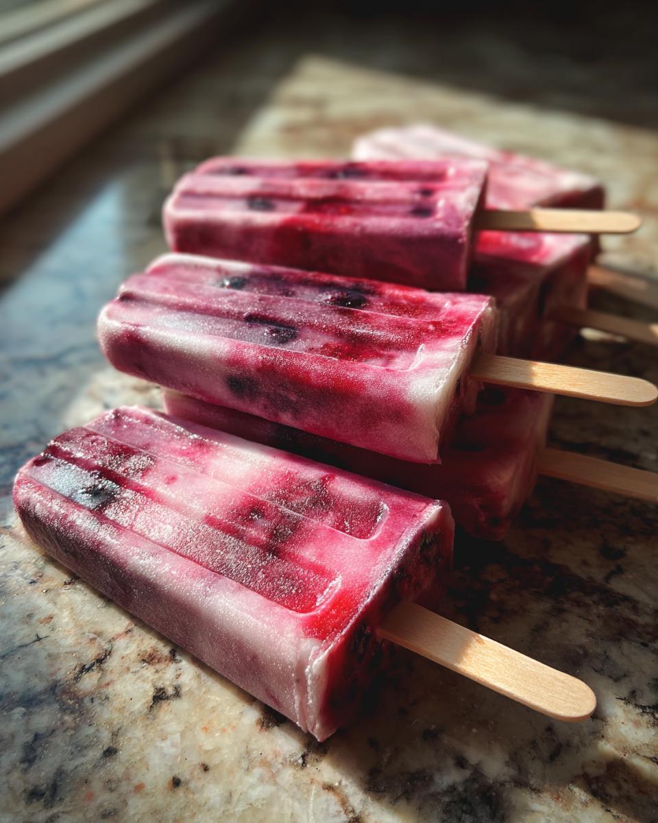 A stack of bright berry popsicles, perfect for Fourth of July desserts, with visible blueberries and raspberries.