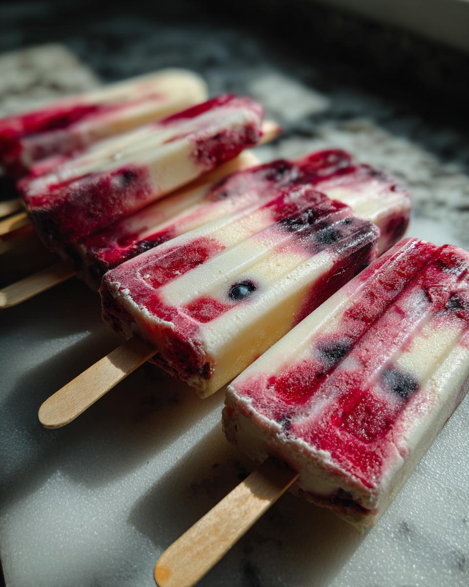 Close-up of bright berry popsicles with swirls of red and blue, perfect for Fourth of July desserts.