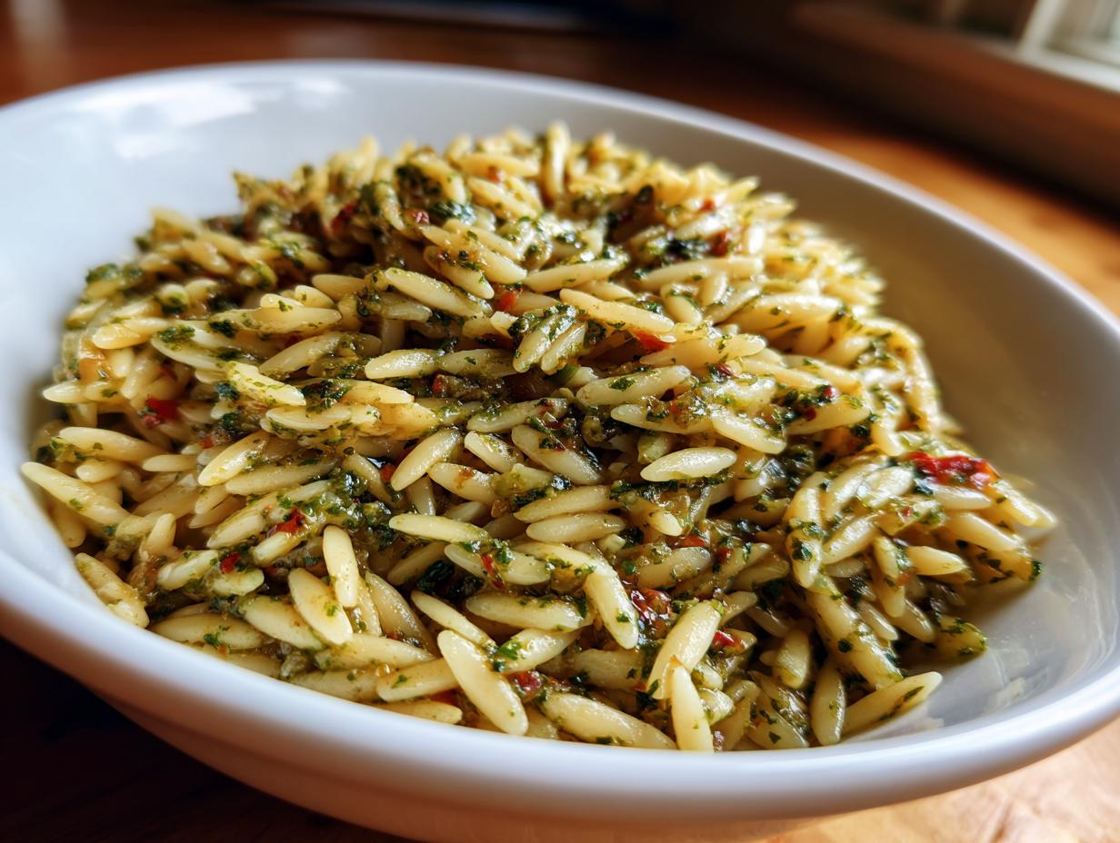 Close-up of a white bowl filled with bright pesto orzo pasta, showcasing the vibrant green pesto sauce and small pasta shapes.