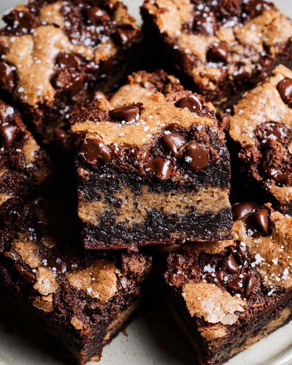 Close-up of rich, layered Brown Butter Brookies topped with chocolate chips and sea salt.
