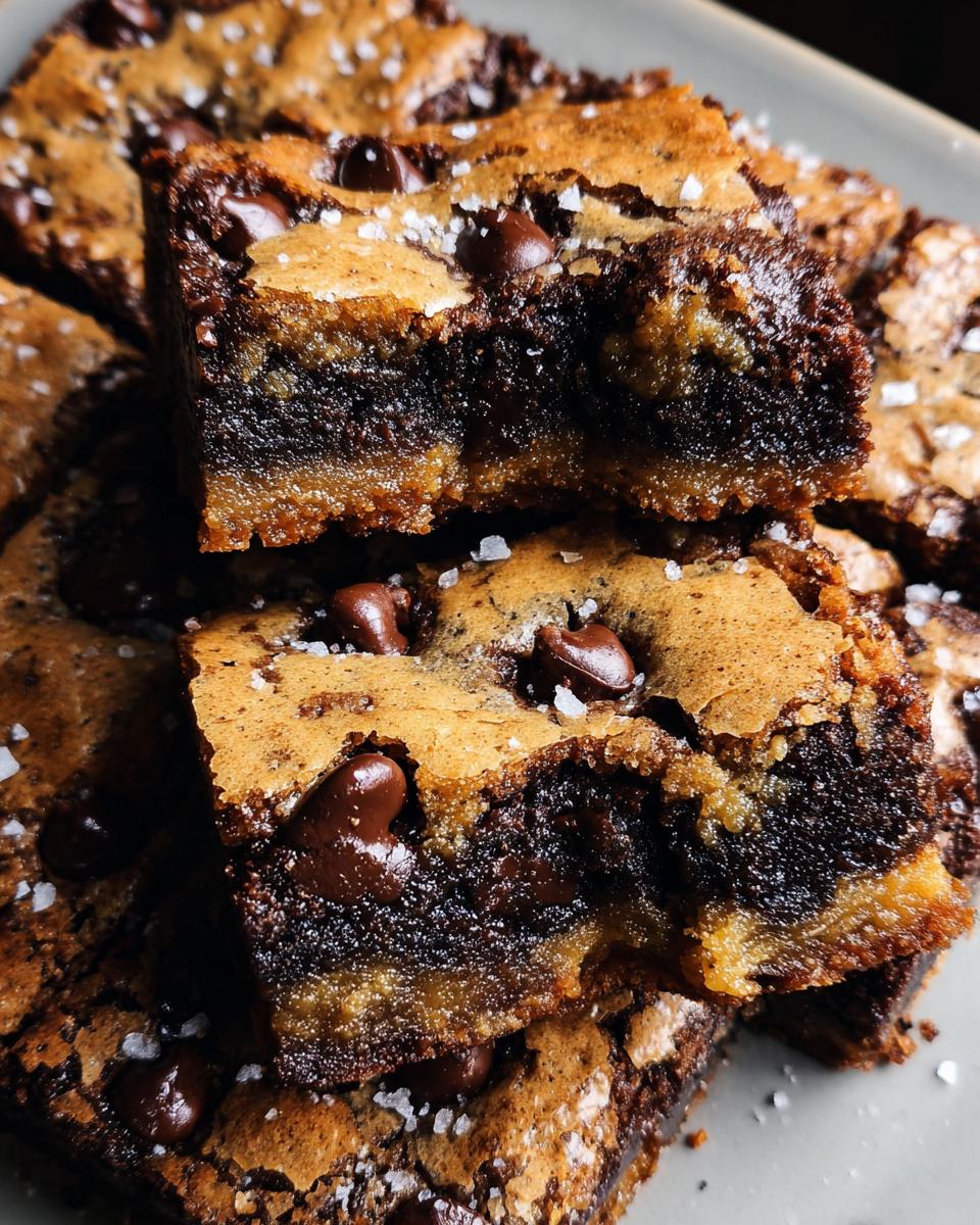 Close-up of stacked Brown Butter Brookies, showing layers of chocolate and cookie dough with melted chocolate chips and sea salt.