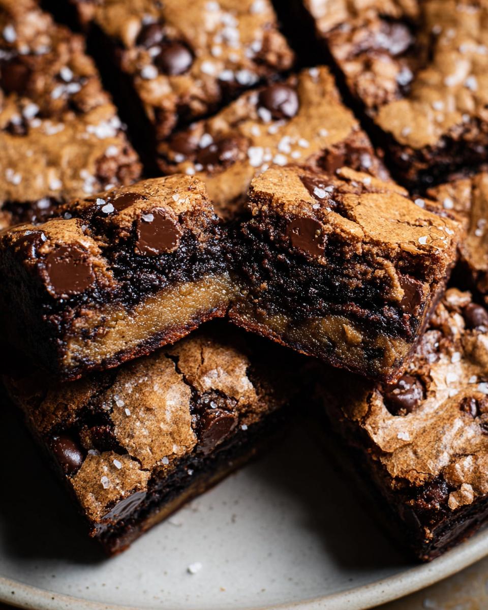 Close-up of layered Brown Butter Brookies, featuring rich chocolate and chewy cookie dough, sprinkled with sea salt.