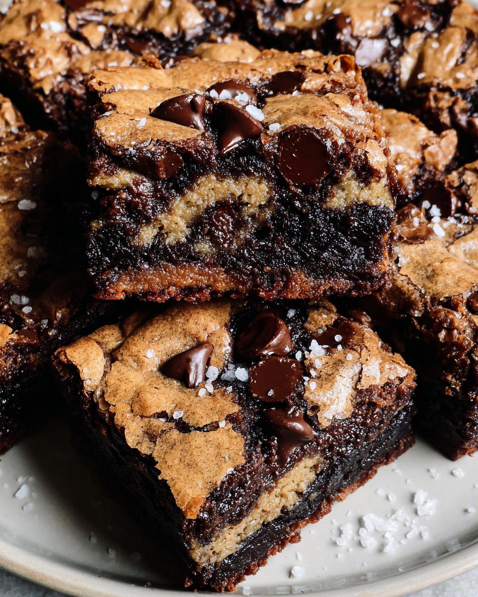 Close-up of stacked Brown Butter Brookies, showcasing layers of chewy brownie and chocolate chip cookie, topped with chocolate chips and sea salt.