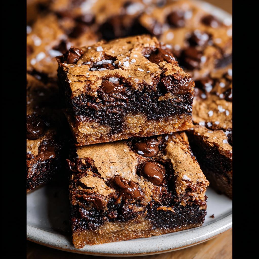 Close-up of stacked Brown Butter Brookies, featuring rich chocolate layers and melty chocolate chips, sprinkled with sea salt.