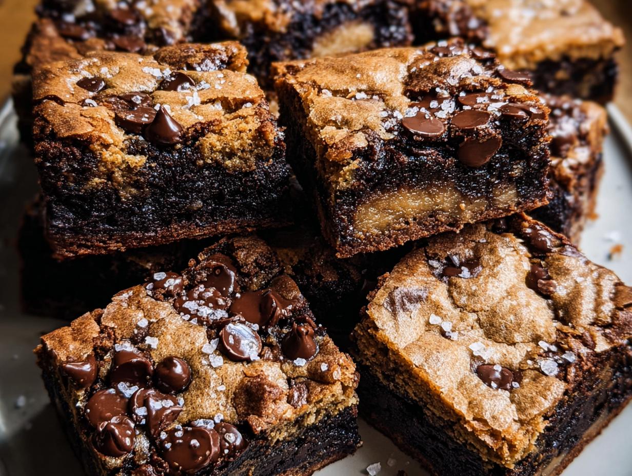 Close-up of stacked Brown Butter Brookies, featuring layers of brownie and cookie dough with chocolate chips and sea salt.