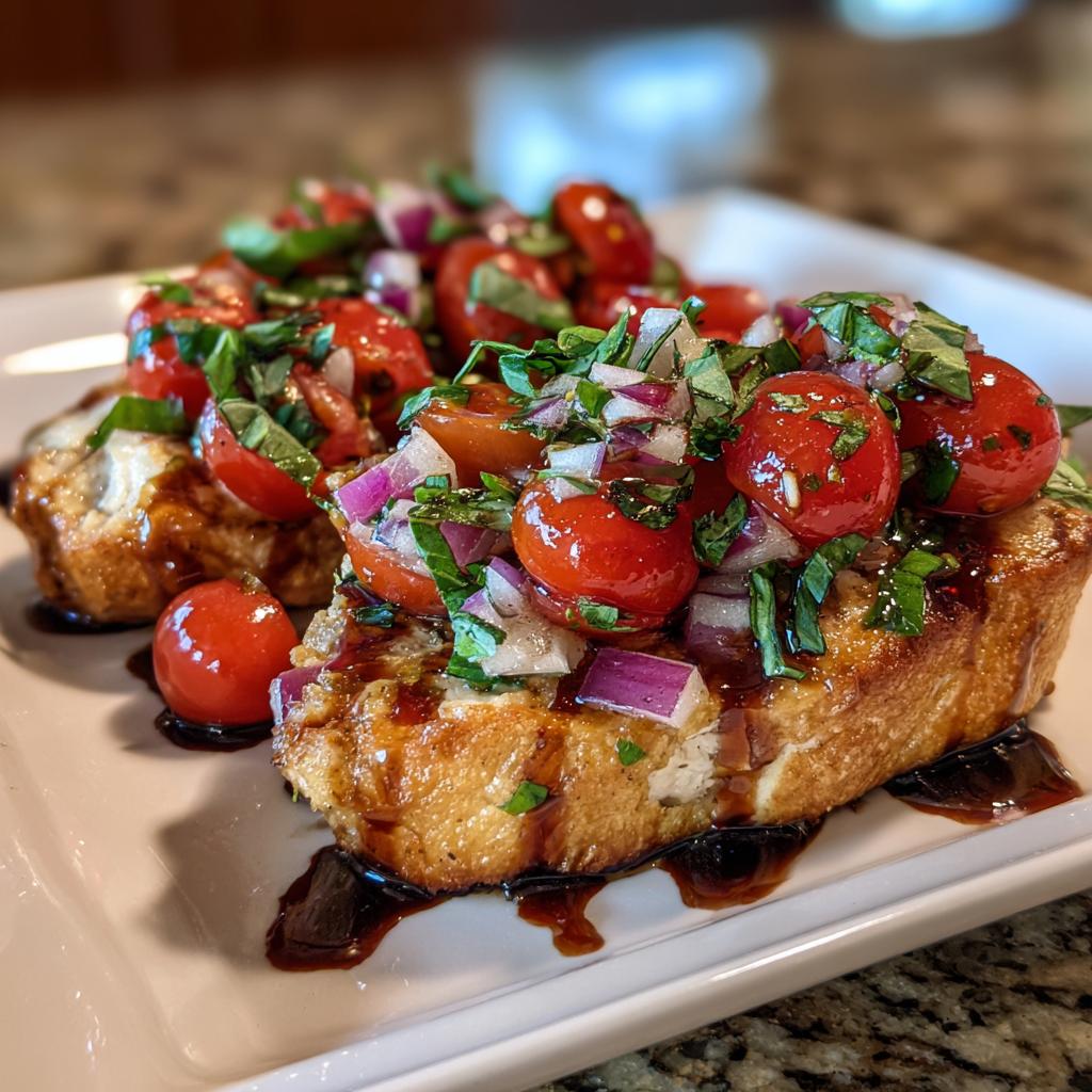 Close-up of a piece of chicken breast topped with fresh bruschetta mixture of cherry tomatoes, red onion, and basil.