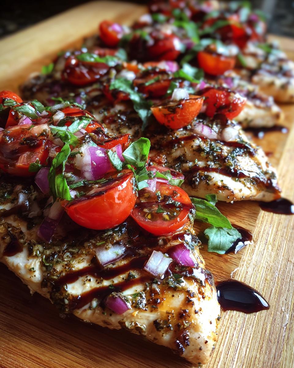 Close-up of grilled chicken breasts topped with fresh bruschetta mixture: tomatoes, red onion, and basil, drizzled with balsamic glaze.
