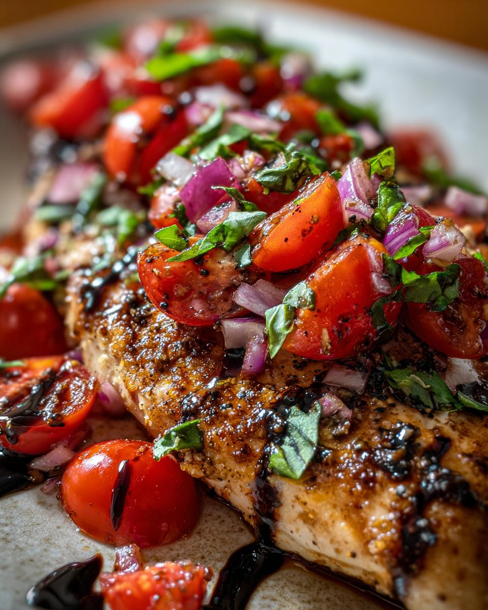 A close-up of a perfectly cooked chicken breast topped with fresh bruschetta mix of tomatoes, red onion, and basil, drizzled with balsamic glaze.