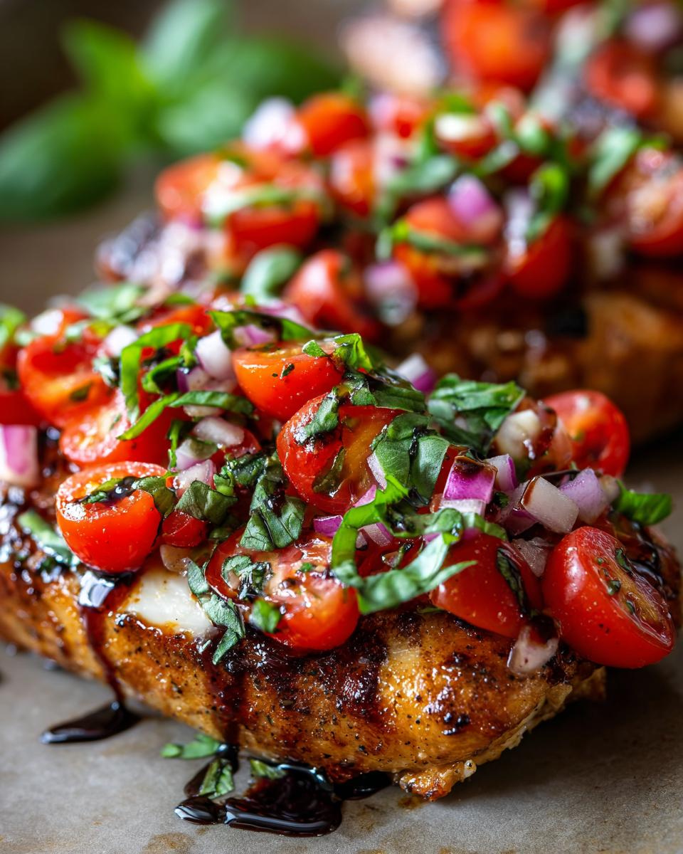 Close-up of a juicy chicken breast topped with fresh bruschetta mixture of tomatoes, red onion, and basil.