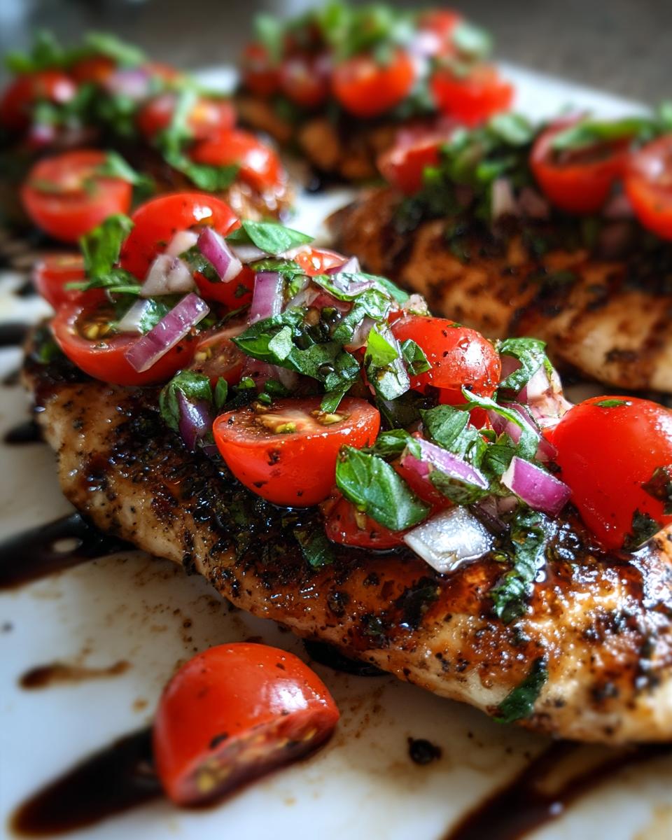 Close-up of a grilled chicken breast topped with fresh bruschetta mixture of tomatoes, red onion, and basil.