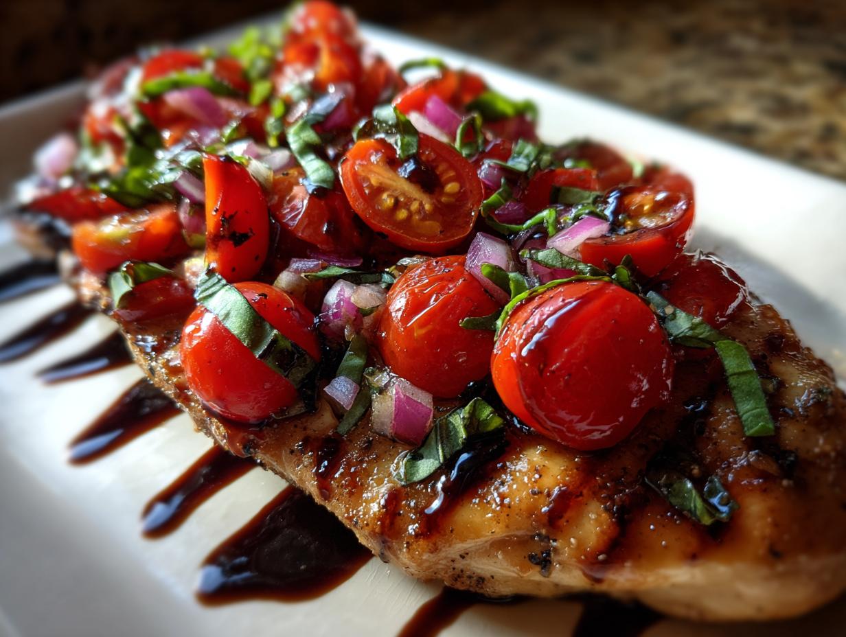 A grilled chicken breast topped with fresh bruschetta mixture of cherry tomatoes, red onion, and basil, drizzled with balsamic glaze.